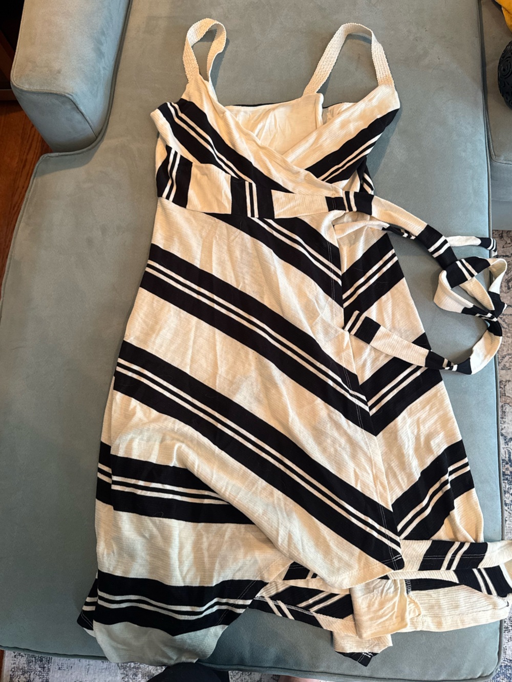 Anthropologie Cream and Black Striped Wrap-Style Dress